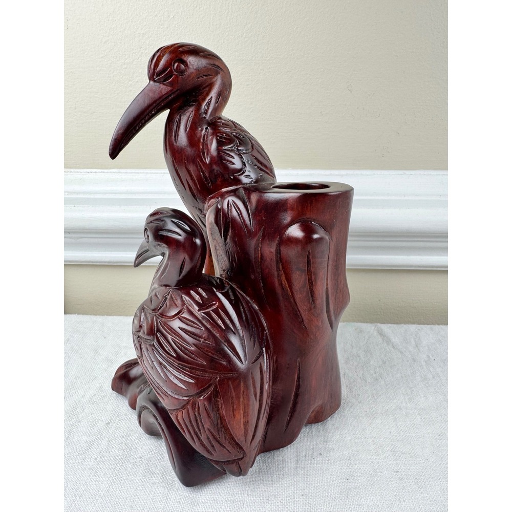 Vintage Hand Carved Wood Heron Crane Figurine Candle Holder Bird Sculpture 7"